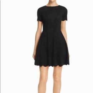 Aqua Women Black Scalloped Short-Sleeve Crew-Neck Fit & Flare Dress Size M